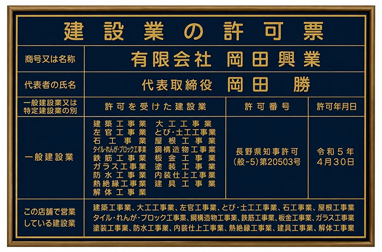 建築業の許可票